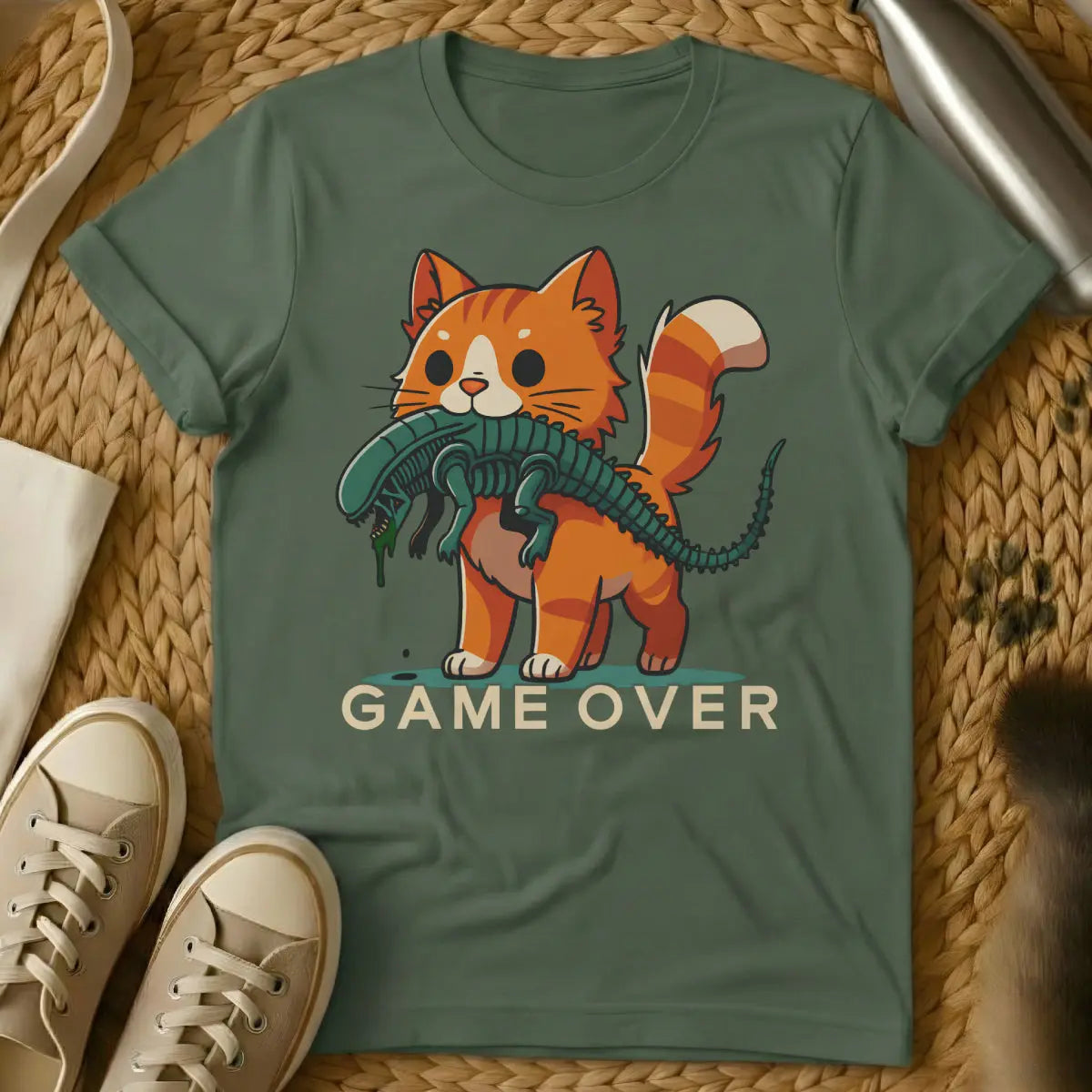Xenomorph Cat Shirt - Military Green Cat T-Shirt