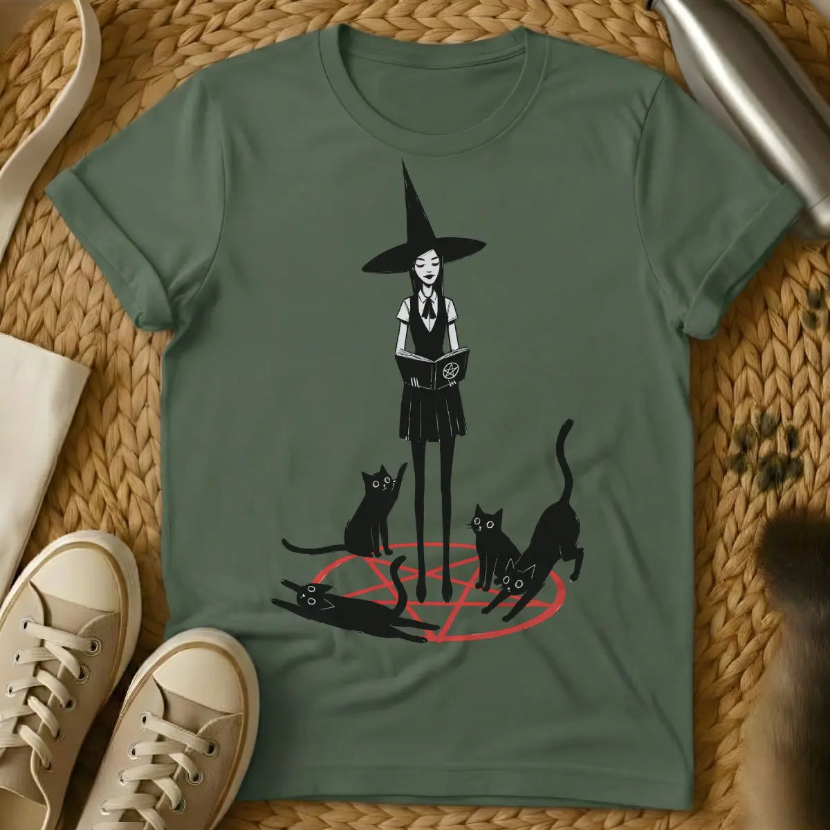 Witch Cat T-Shirt - Military Green Cat T-Shirt