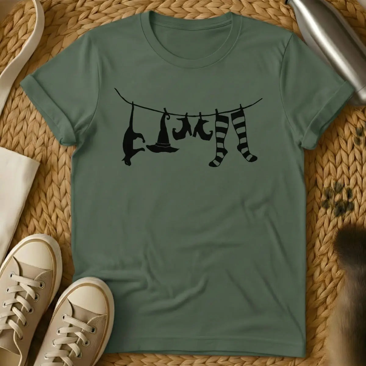 Witch Cat Shirt for Women - Military Green Cat T-Shirt