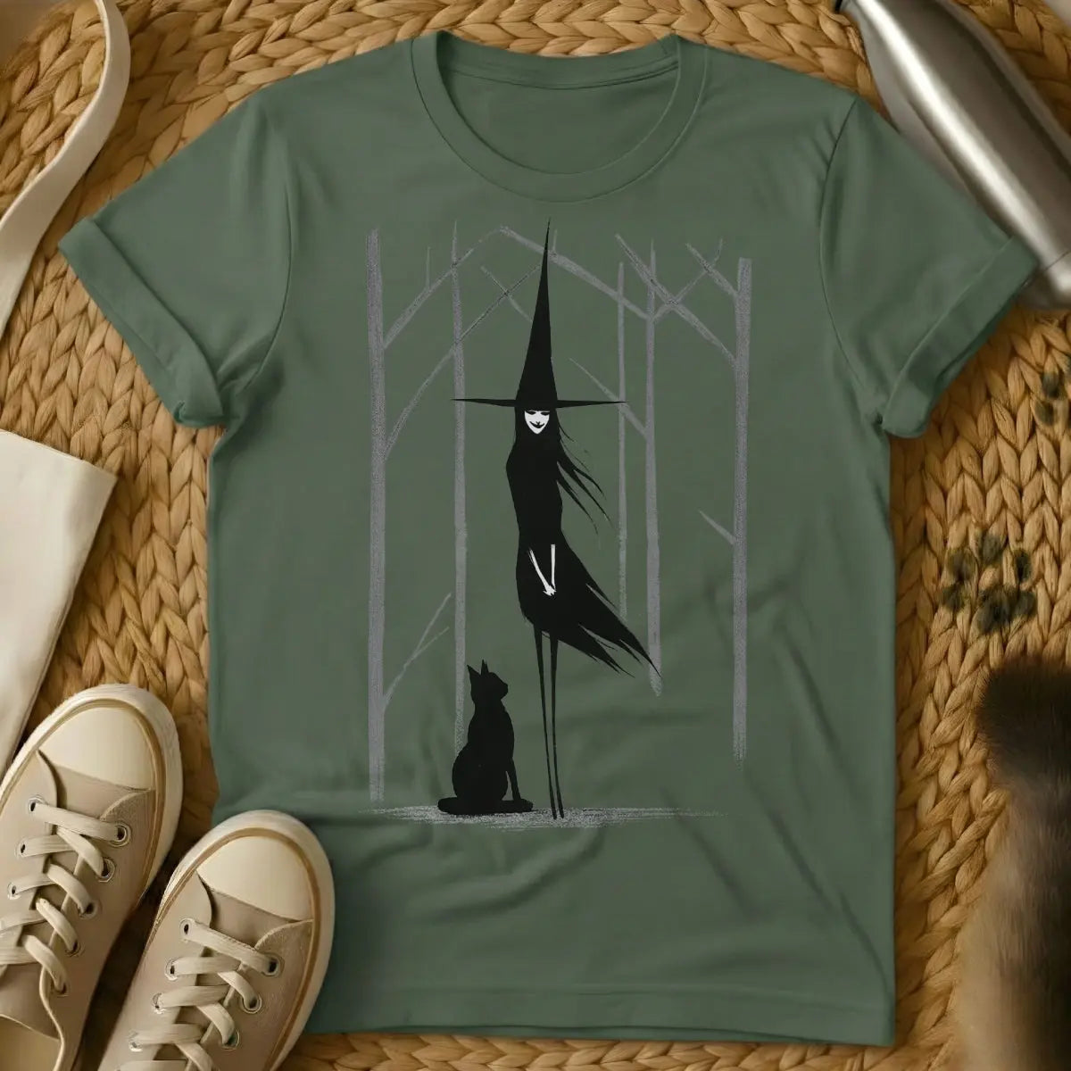 Witchy Cat Shirt - Military Green Cat T-Shirt