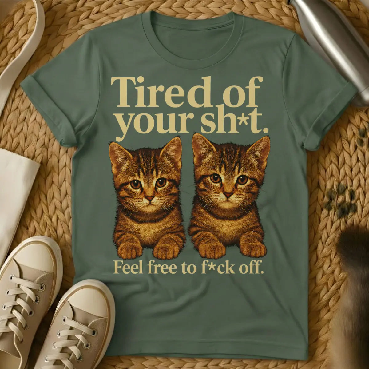 I'm Tired Cat T-Shirt - Military Green Cat T-Shirt