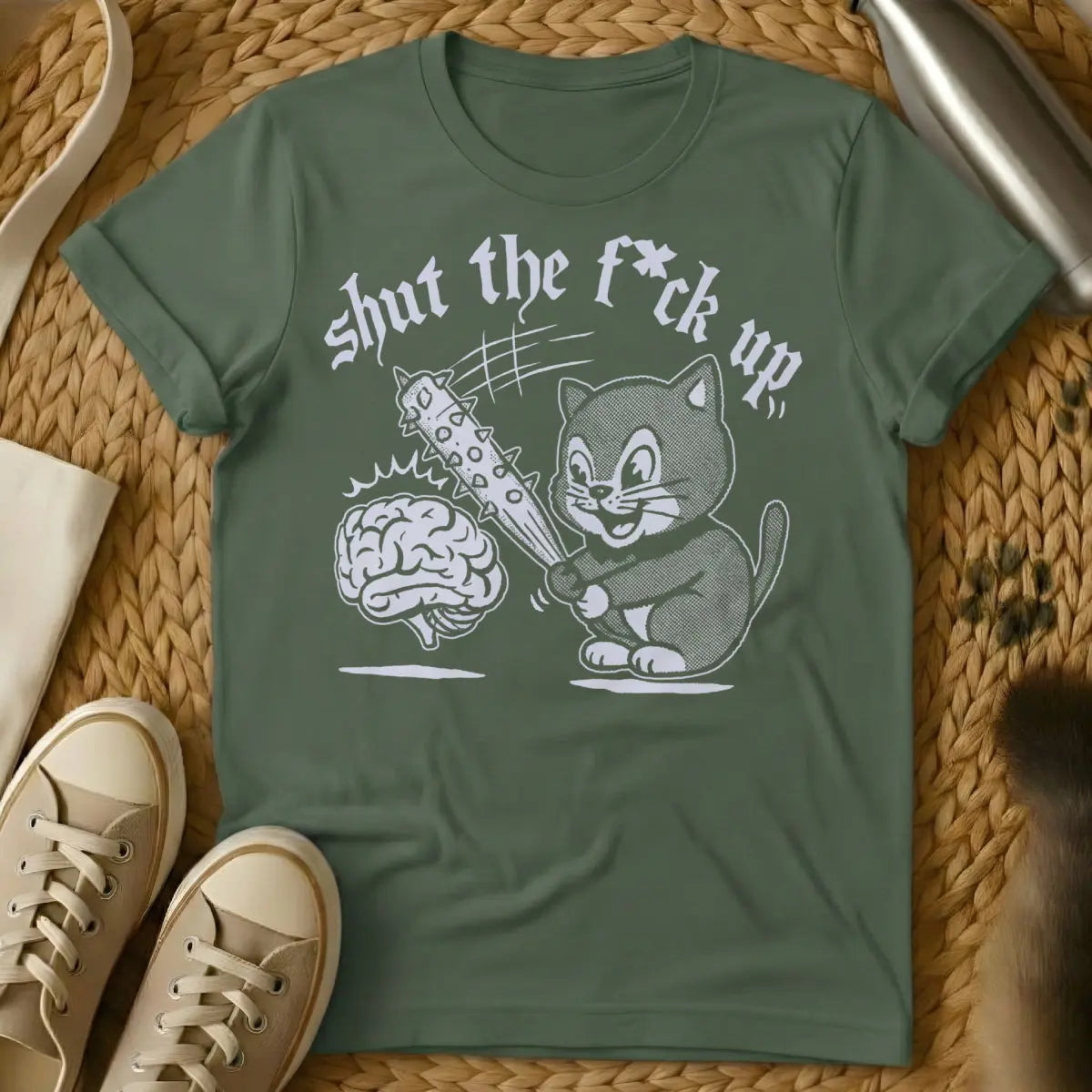 Shut Up Cat T-Shirt - Military Green Cat T-Shirt