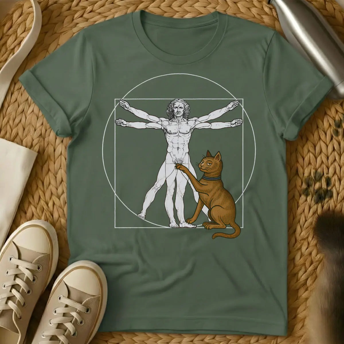 Da Vinci Cat T-Shirt - Military Green T-Shirt - academic humor, art history humor, da vinci sketch style