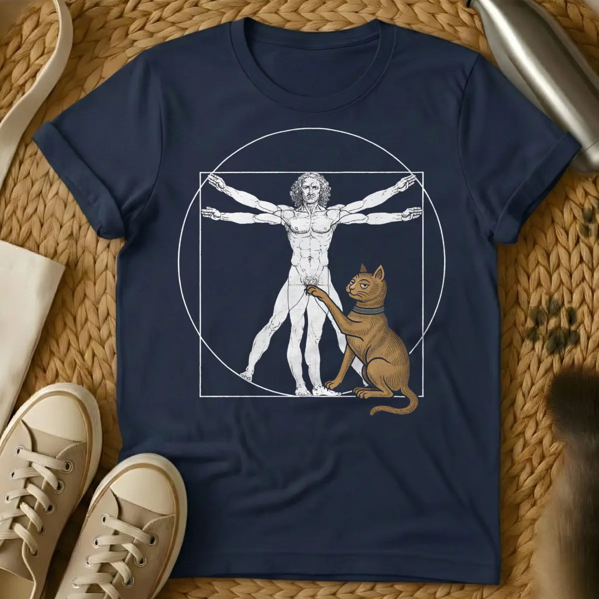 Da Vinci Cat T-Shirt - Navy T-Shirt - academic humor, art history humor, da vinci sketch style