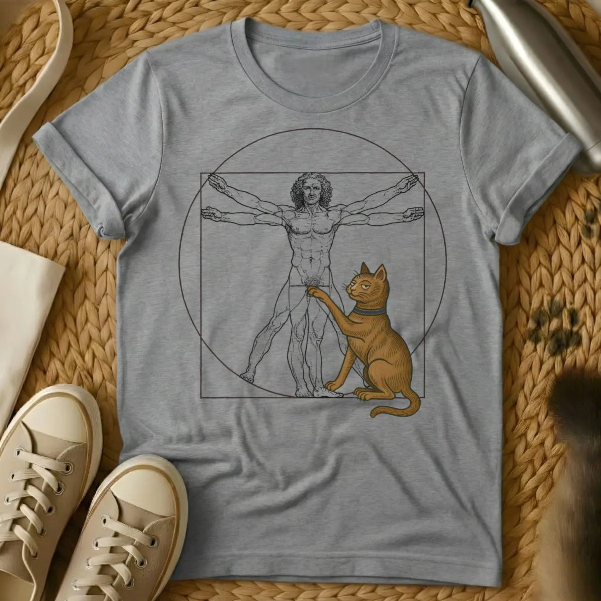 Da Vinci Cat T-Shirt - Gray T-Shirt - academic humor, art history humor, da vinci sketch style