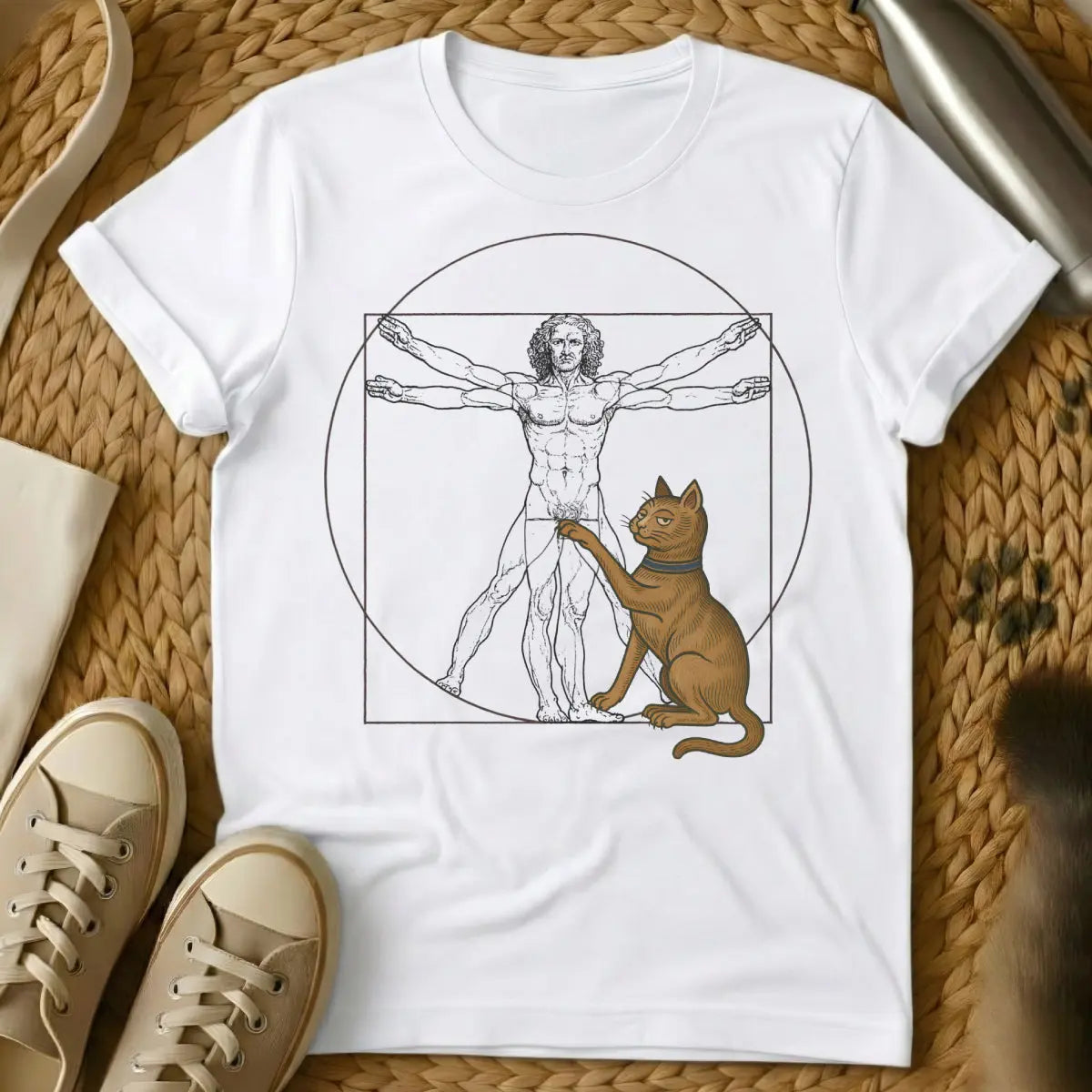 Da Vinci Cat T-Shirt - White T-Shirt - academic humor, art history humor, da vinci sketch style