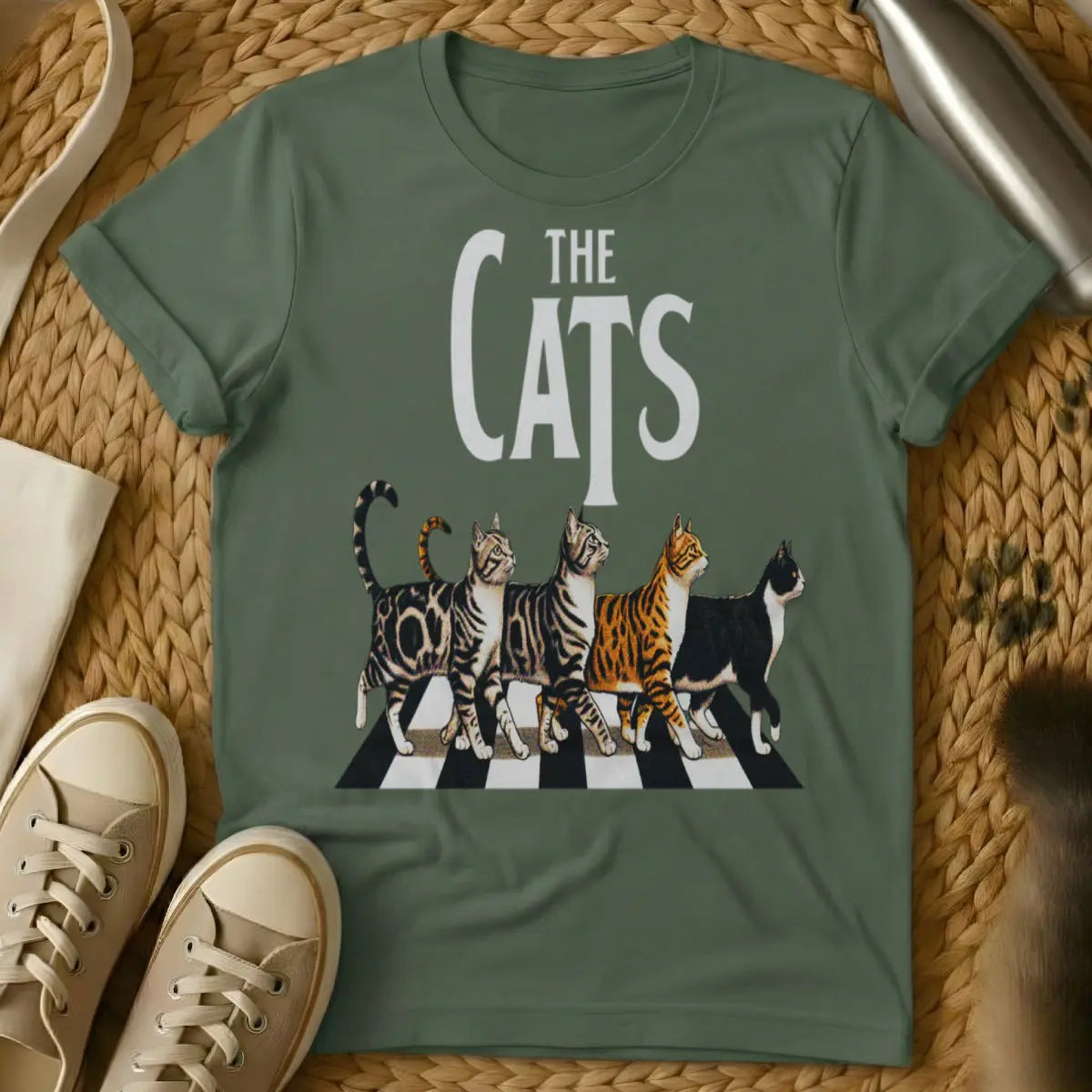 Abbey Road Cat Shirt - Military Green T-Shirt - abbey road parody, album cover redraw, beatles tribute art
