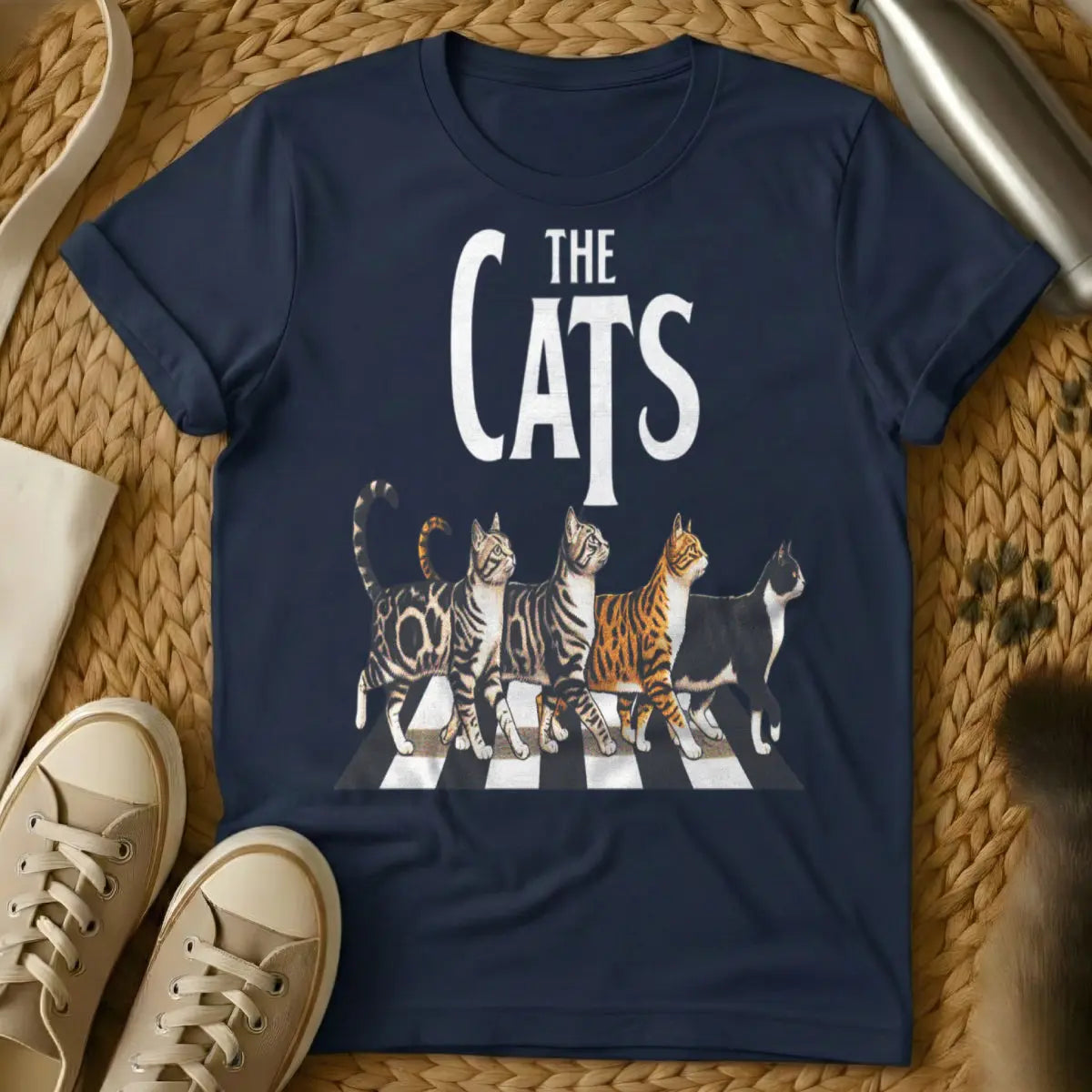 Abbey Road Cat Shirt - Navy T-Shirt - abbey road parody, album cover redraw, beatles tribute art
