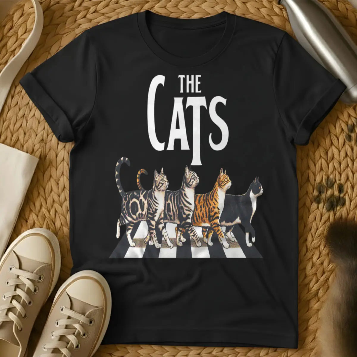 Abbey Road Cat Shirt - Black T-Shirt - abbey road parody, album cover redraw, beatles tribute art