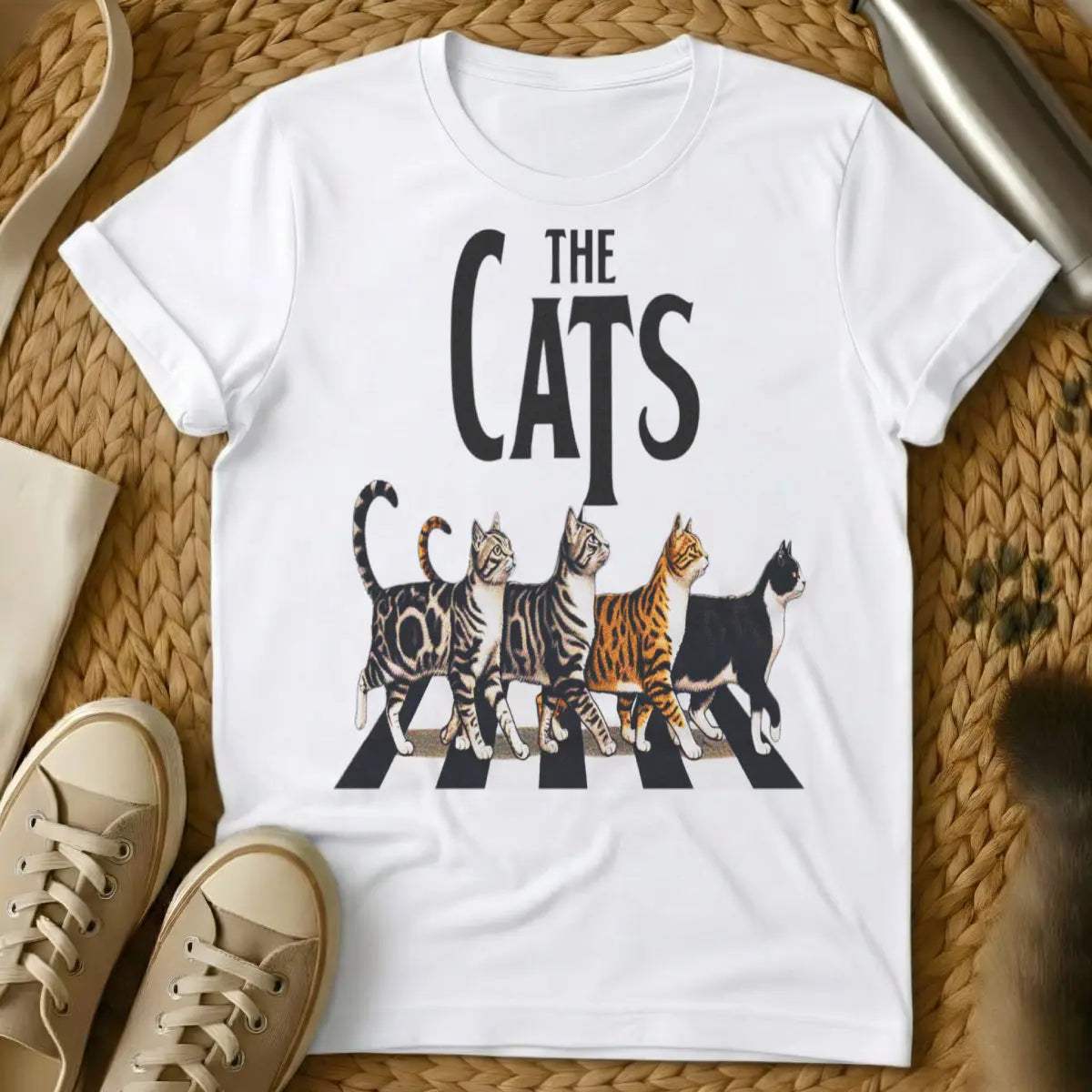 Abbey Road Cat Shirt - White T-Shirt - abbey road parody, album cover redraw, beatles tribute art