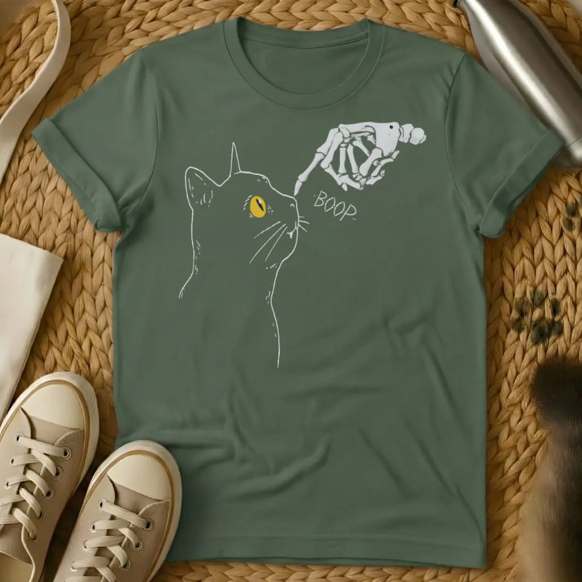 Skeleton Cat Shirt - Military Green Cat T-Shirt