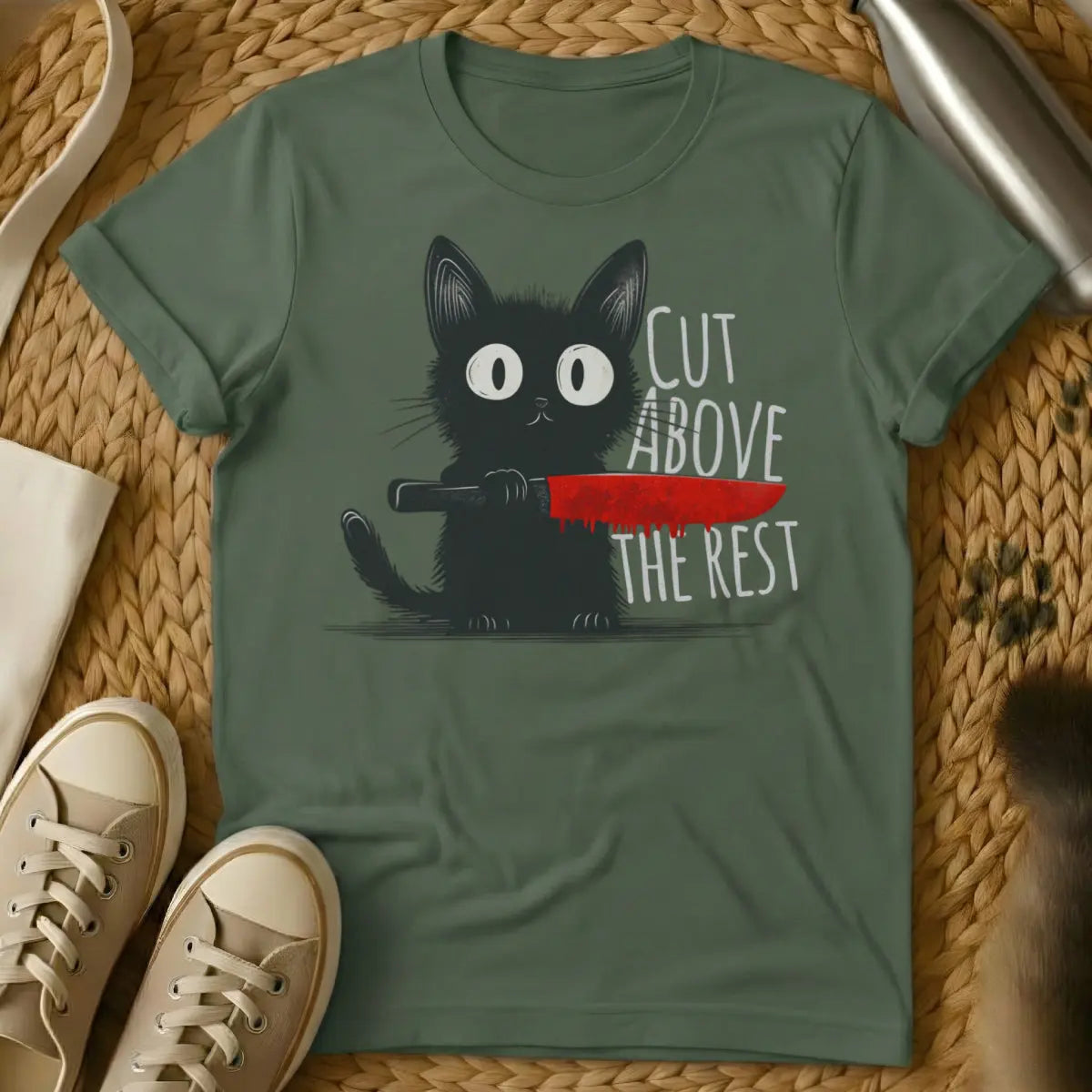 Cut Above the Rest Cat Shirt - Military Green T-Shirt - aristocratic cat design, diva cat aesthetic, regal feline portrait