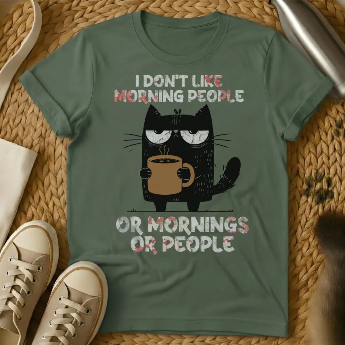 I Hate Morning People Cat Tee - Military Green Cat T-Shirt