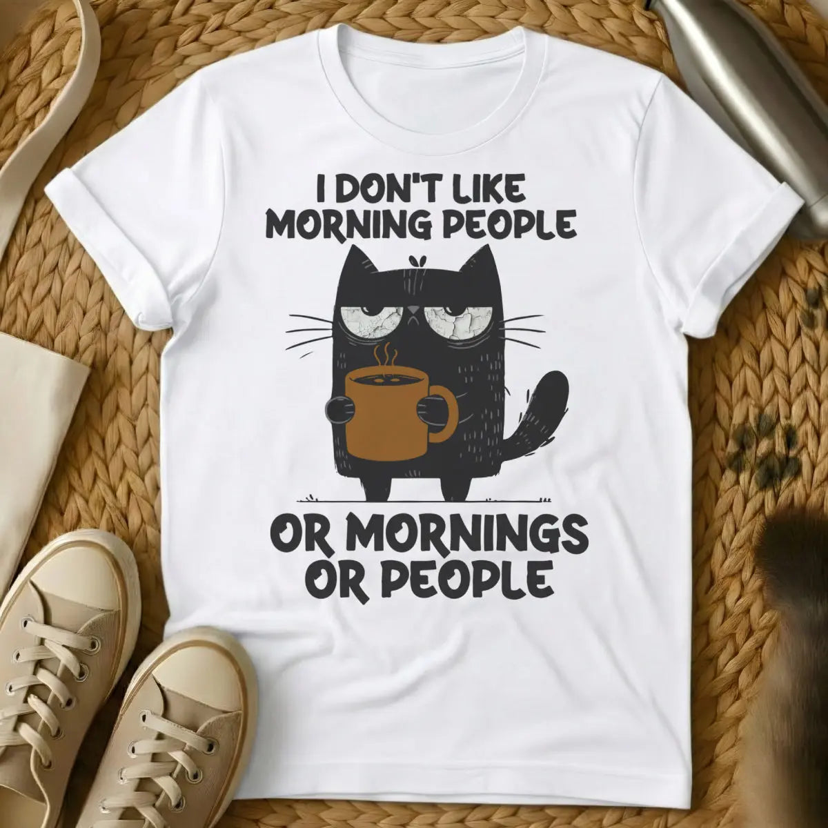 I Hate Morning People Cat Tee - White Cat T-Shirt