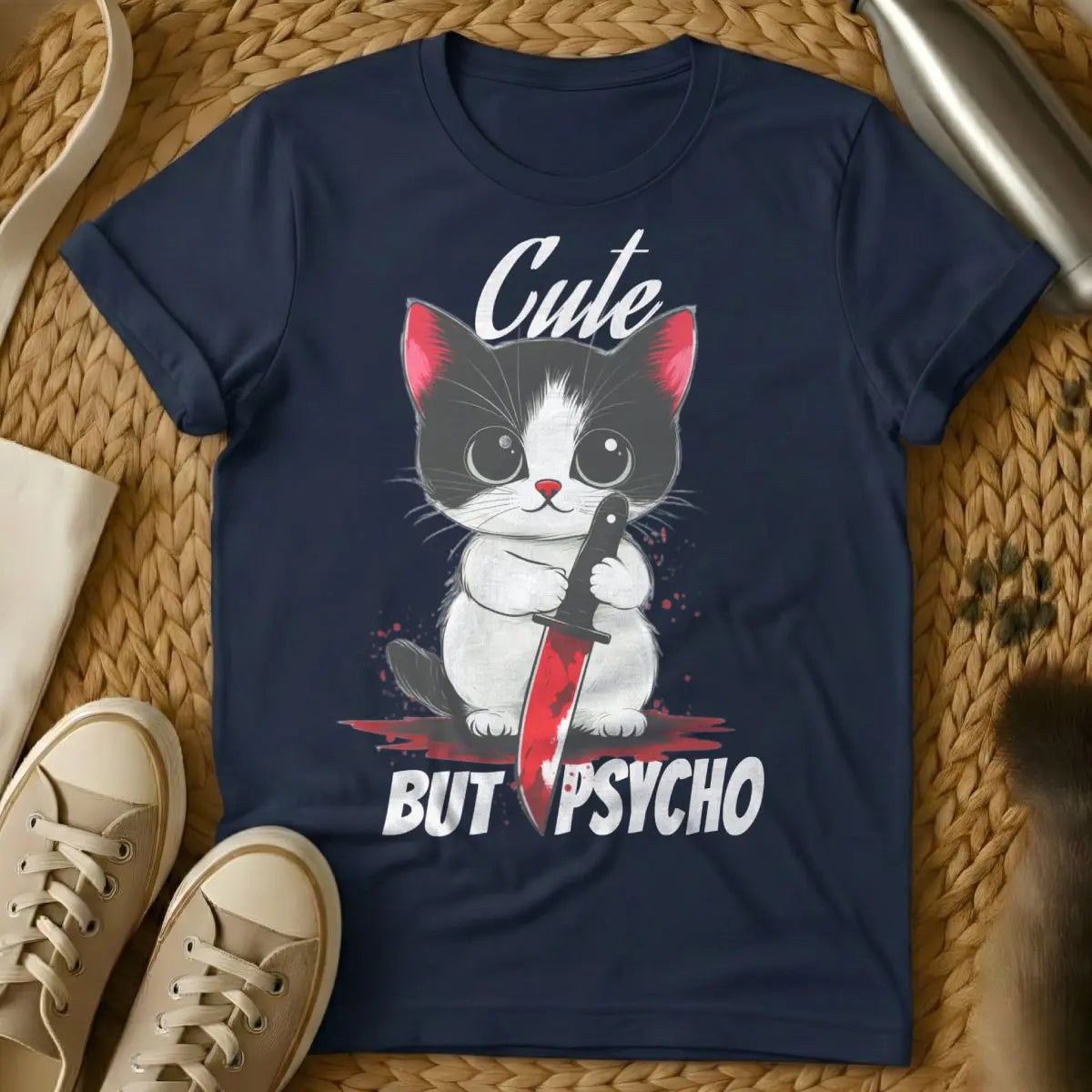 Cute But Psycho Cat Shirt - Navy T-Shirt - chaotic neutral pet, dark humor pet, feral feline humor