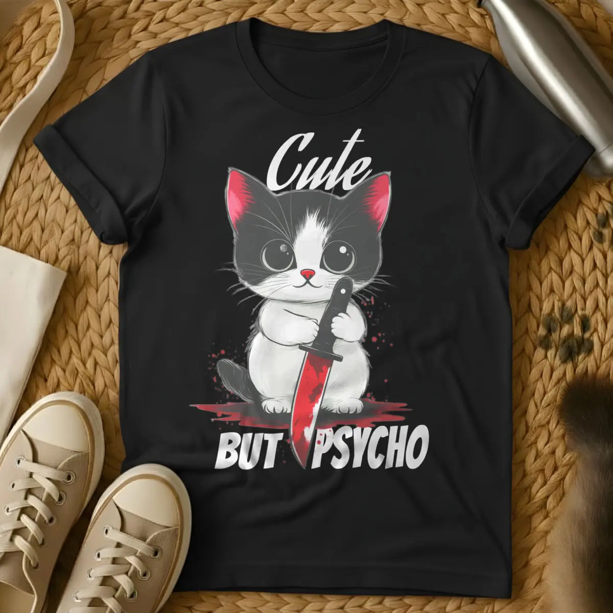 Cute But Psycho Cat Shirt - Black T-Shirt - chaotic neutral pet, dark humor pet, feral feline humor