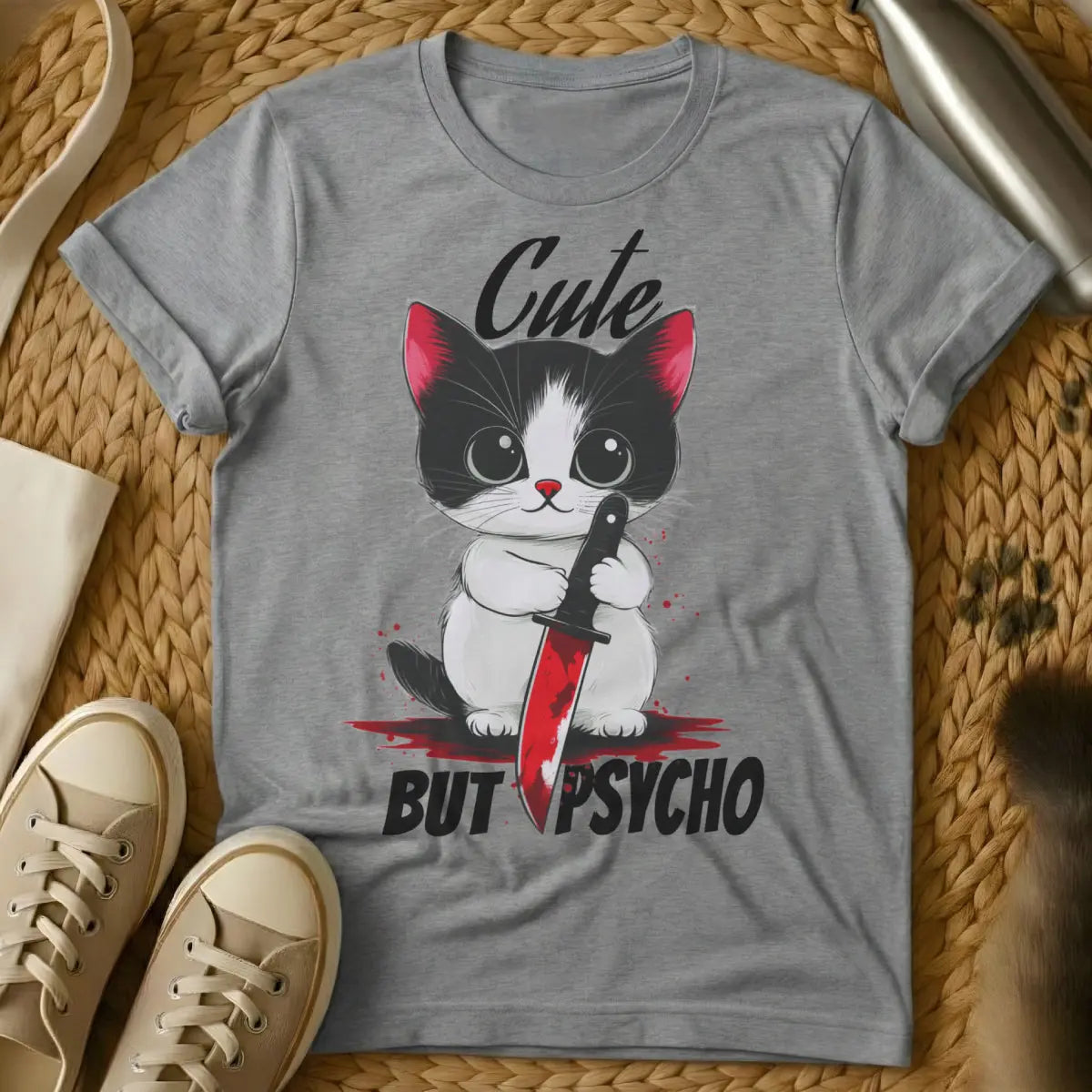 Cute But Psycho Cat Shirt - Gray T-Shirt - chaotic neutral pet, dark humor pet, feral feline humor
