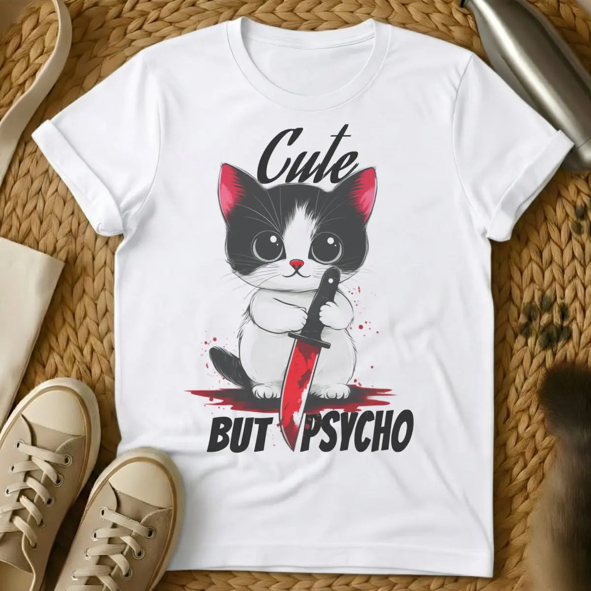 Cute But Psycho Cat Shirt - White T-Shirt - chaotic neutral pet, dark humor pet, feral feline humor