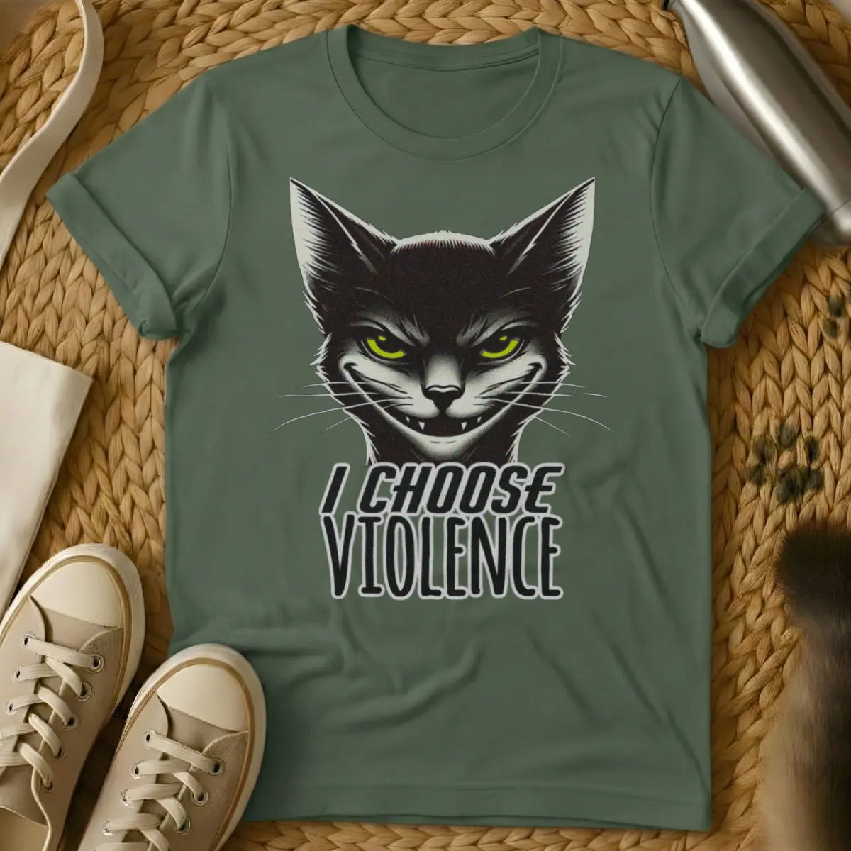 I Choose Violence Cat Shirt - Military Green Cat T-Shirt