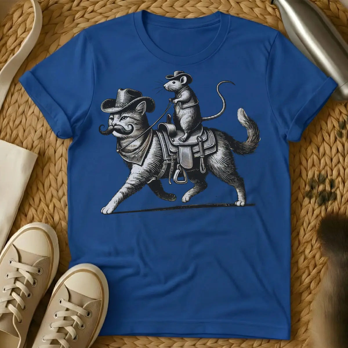 Cat and Rat Cat Shirt - Blue T-Shirt - coexistence theme, folklore inspired, odd couple art