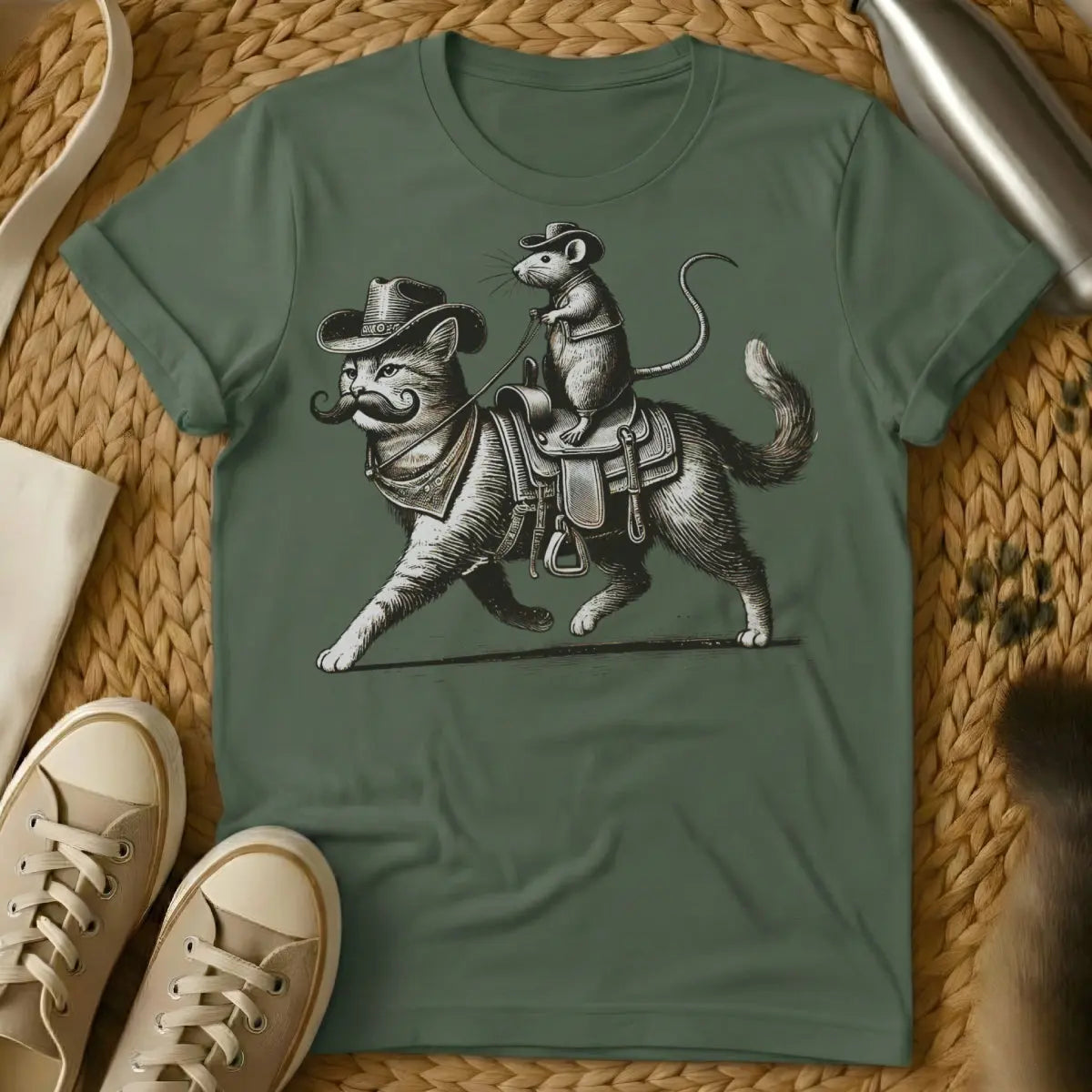 Cat and Rat Cat Shirt - Military Green T-Shirt - coexistence theme, folklore inspired, odd couple art