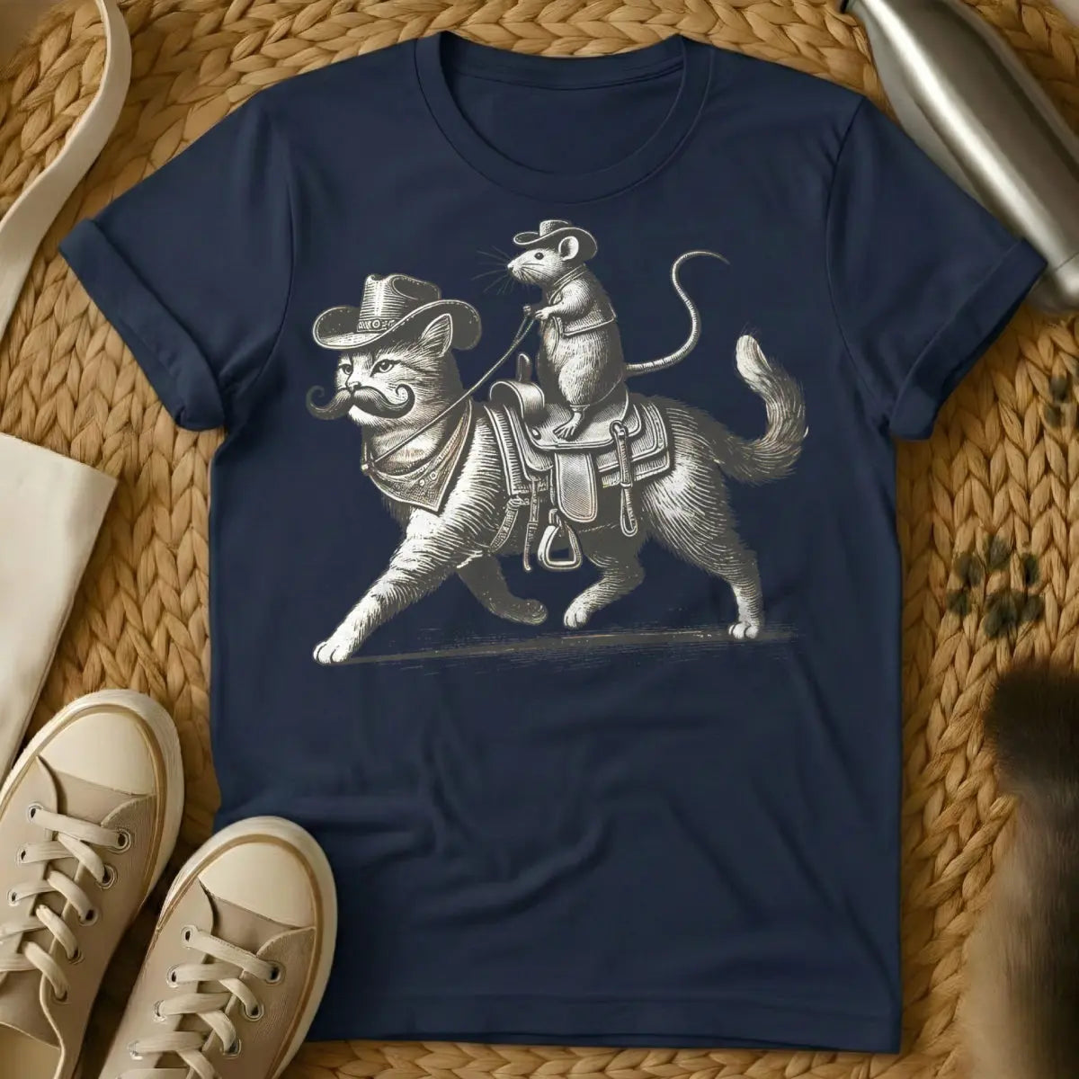 Cat and Rat Cat Shirt - Navy T-Shirt - coexistence theme, folklore inspired, odd couple art