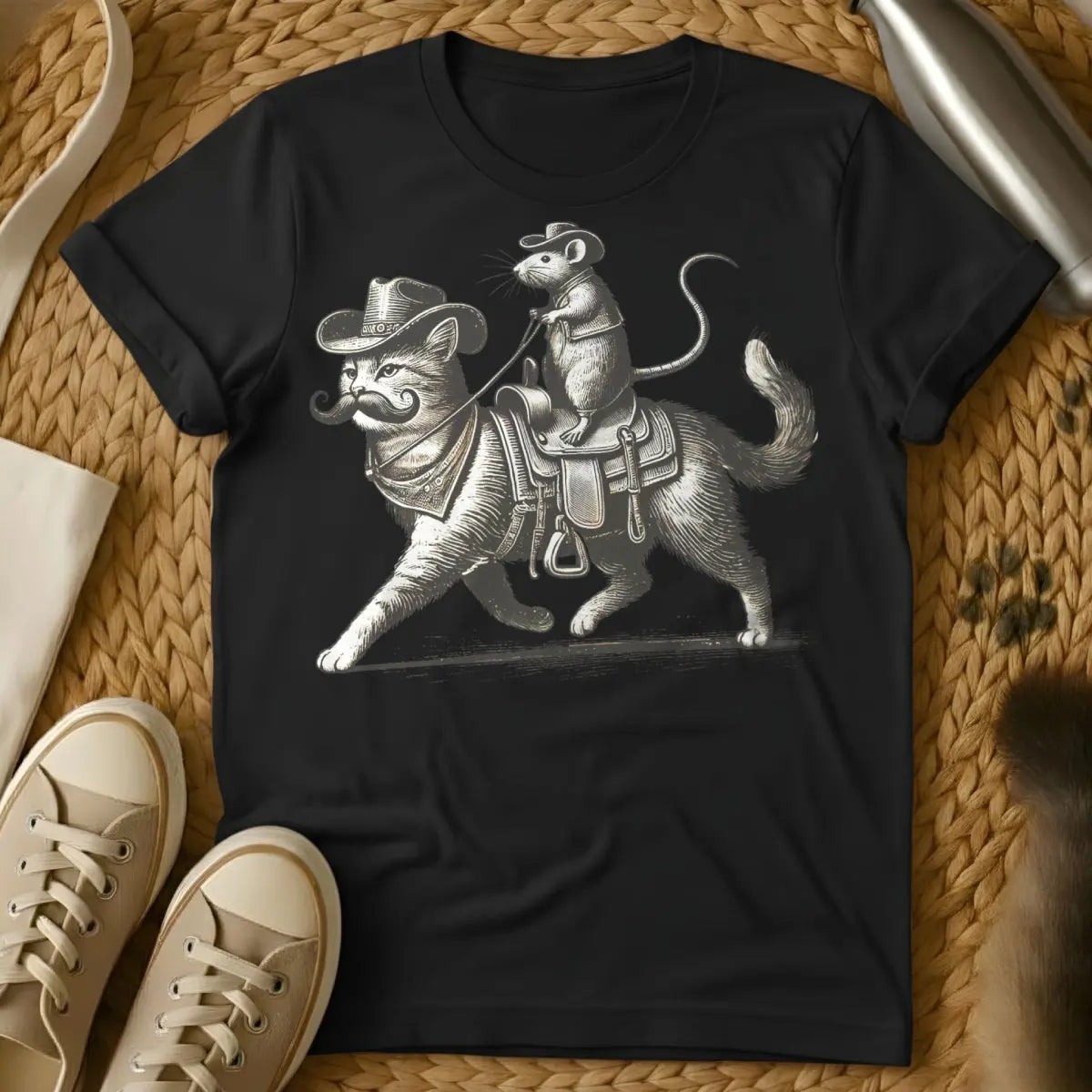 Cat and Rat Cat Shirt - Black T-Shirt - coexistence theme, folklore inspired, odd couple art