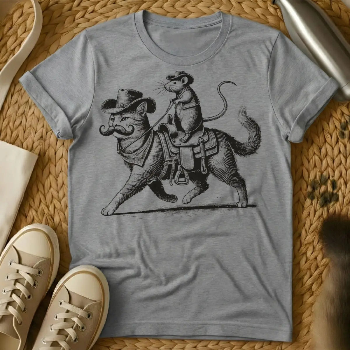 Cat and Rat Cat Shirt - Gray T-Shirt - coexistence theme, folklore inspired, odd couple art