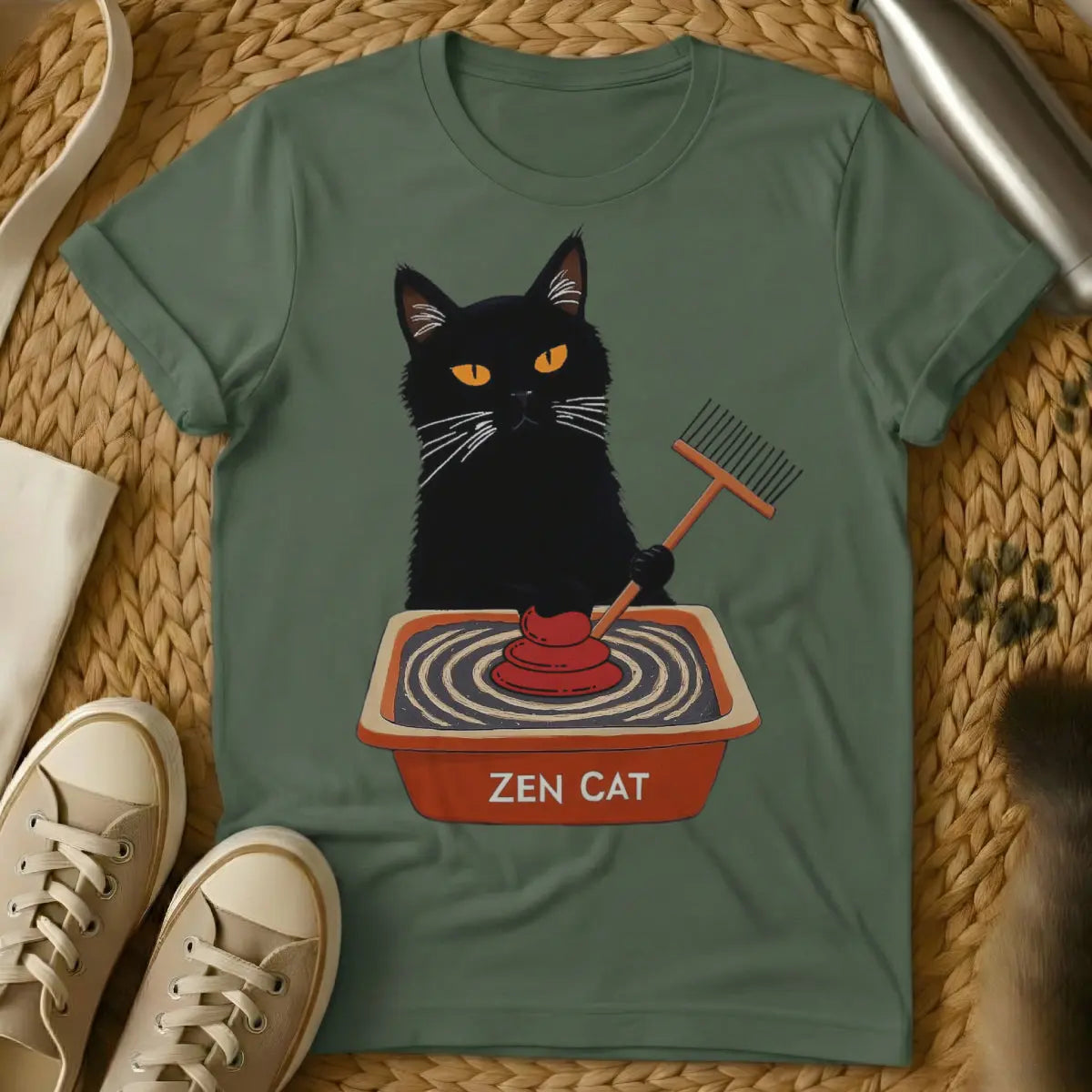 Zen Cat Shirt - Military Green Cat T-Shirt