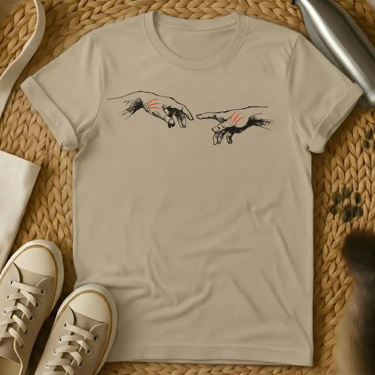 Creation of Adam Cat Shirt - Sand T-Shirt - classical art meme, feline masterpiece redux, michelangelo spoof
