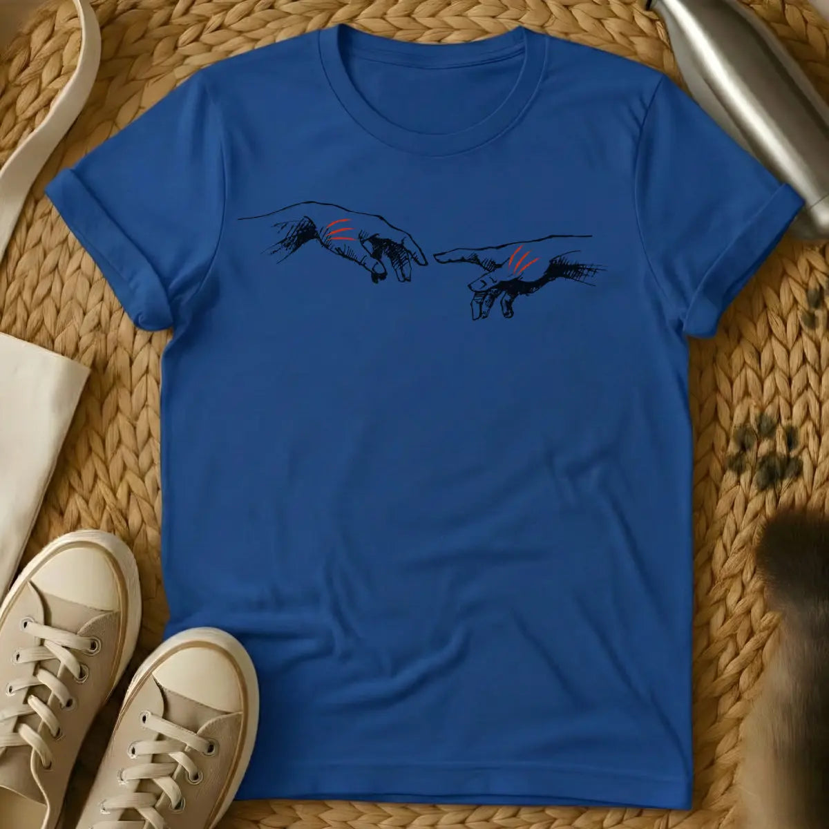 Creation of Adam Cat Shirt - Blue T-Shirt - classical art meme, feline masterpiece redux, michelangelo spoof