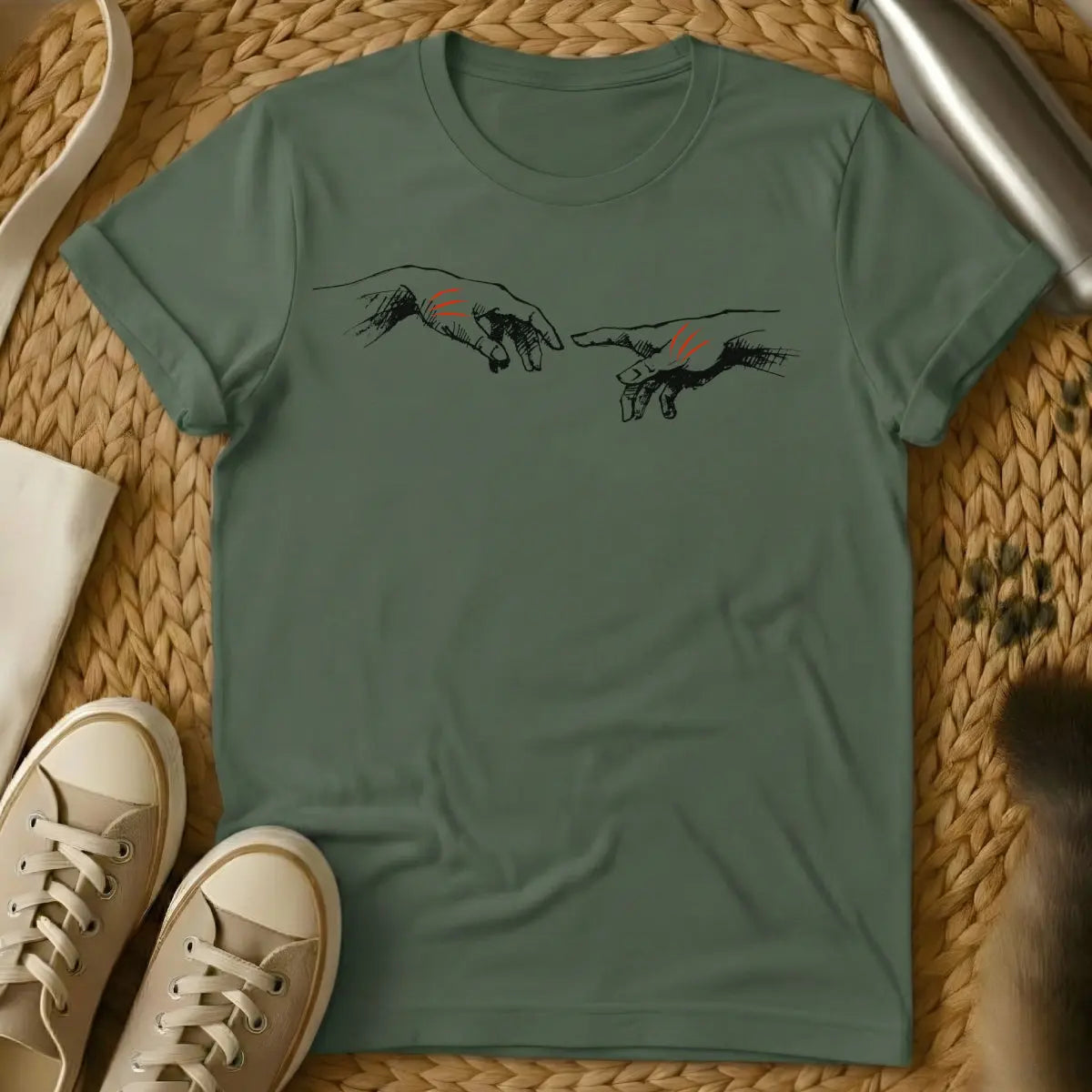 Creation of Adam Cat Shirt - Military Green T-Shirt - classical art meme, feline masterpiece redux, michelangelo spoof