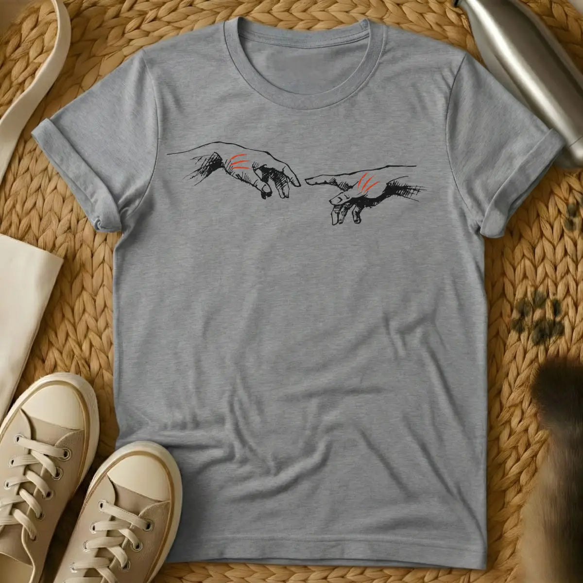 Creation of Adam Cat Shirt - Gray T-Shirt - classical art meme, feline masterpiece redux, michelangelo spoof