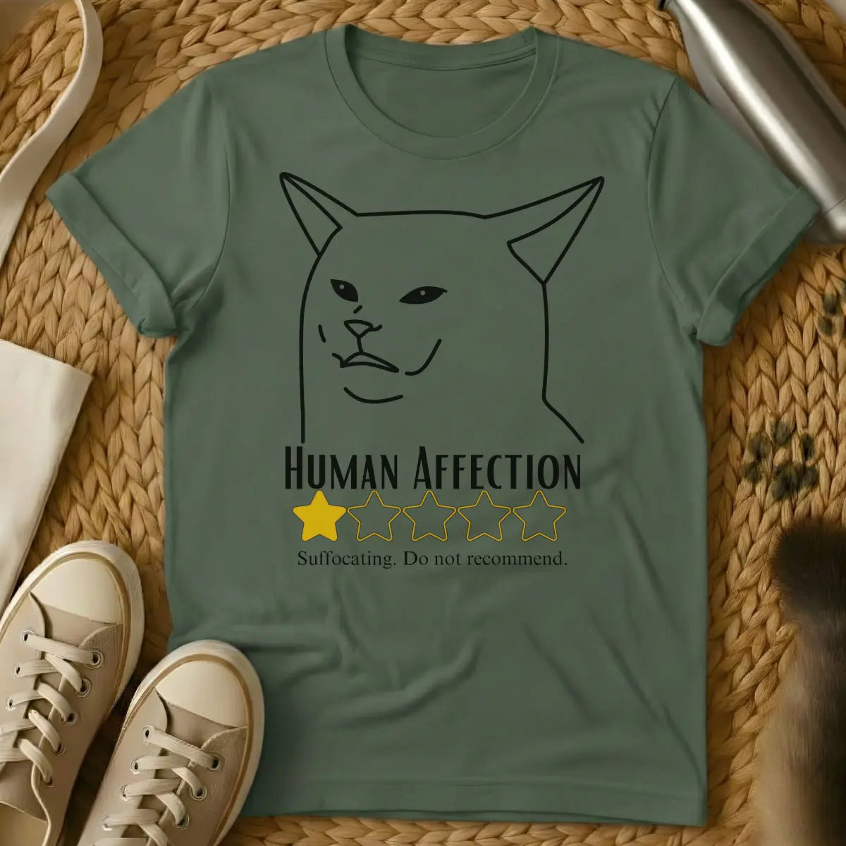 One Star Review Cat Shirt - Military Green Cat T-Shirt