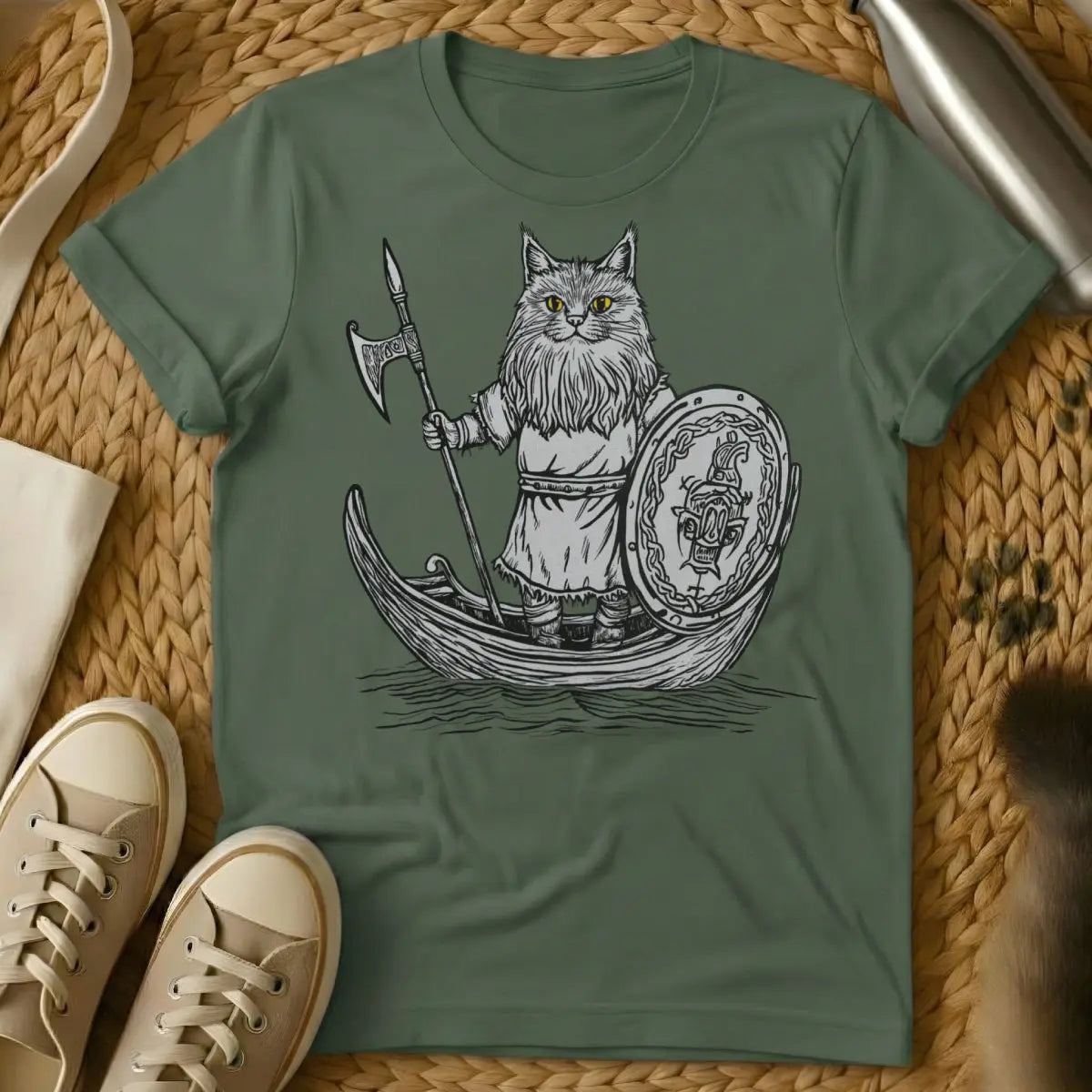 Viking Cat Shirt - Military Green Cat T-Shirt