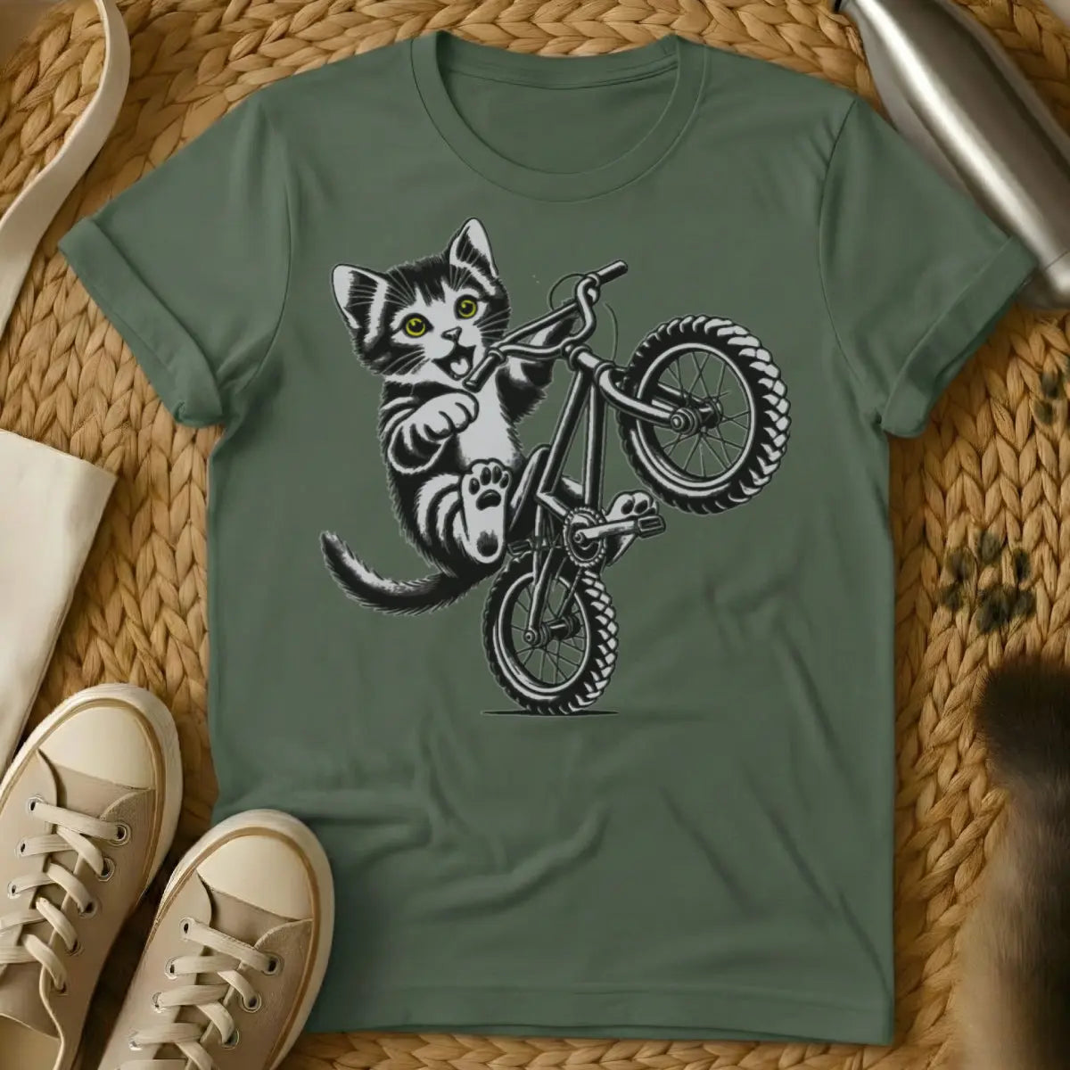 Kitten Bike Cat Shirt - Military Green Cat T-Shirt