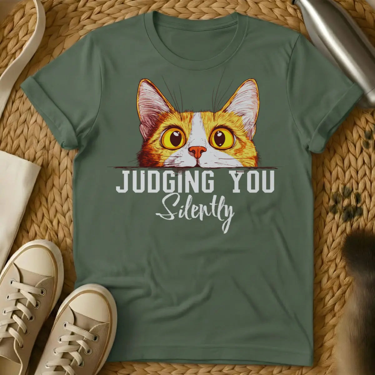Silently Judging You Cat Tee - Military Green Cat T-Shirt
