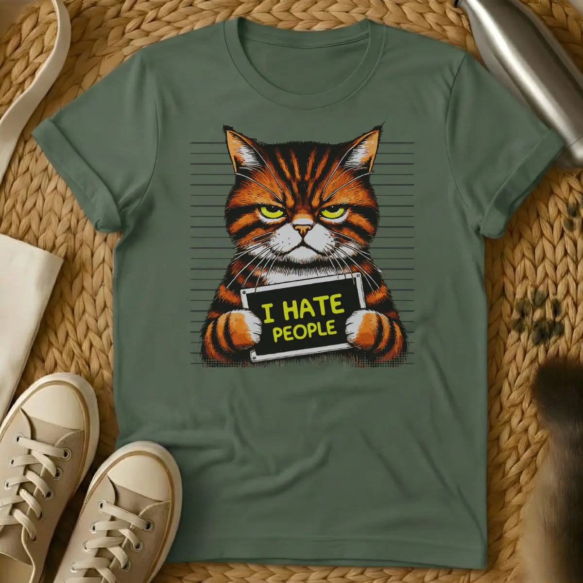 I Hate People Cat Shirt - Military Green Cat T-Shirt