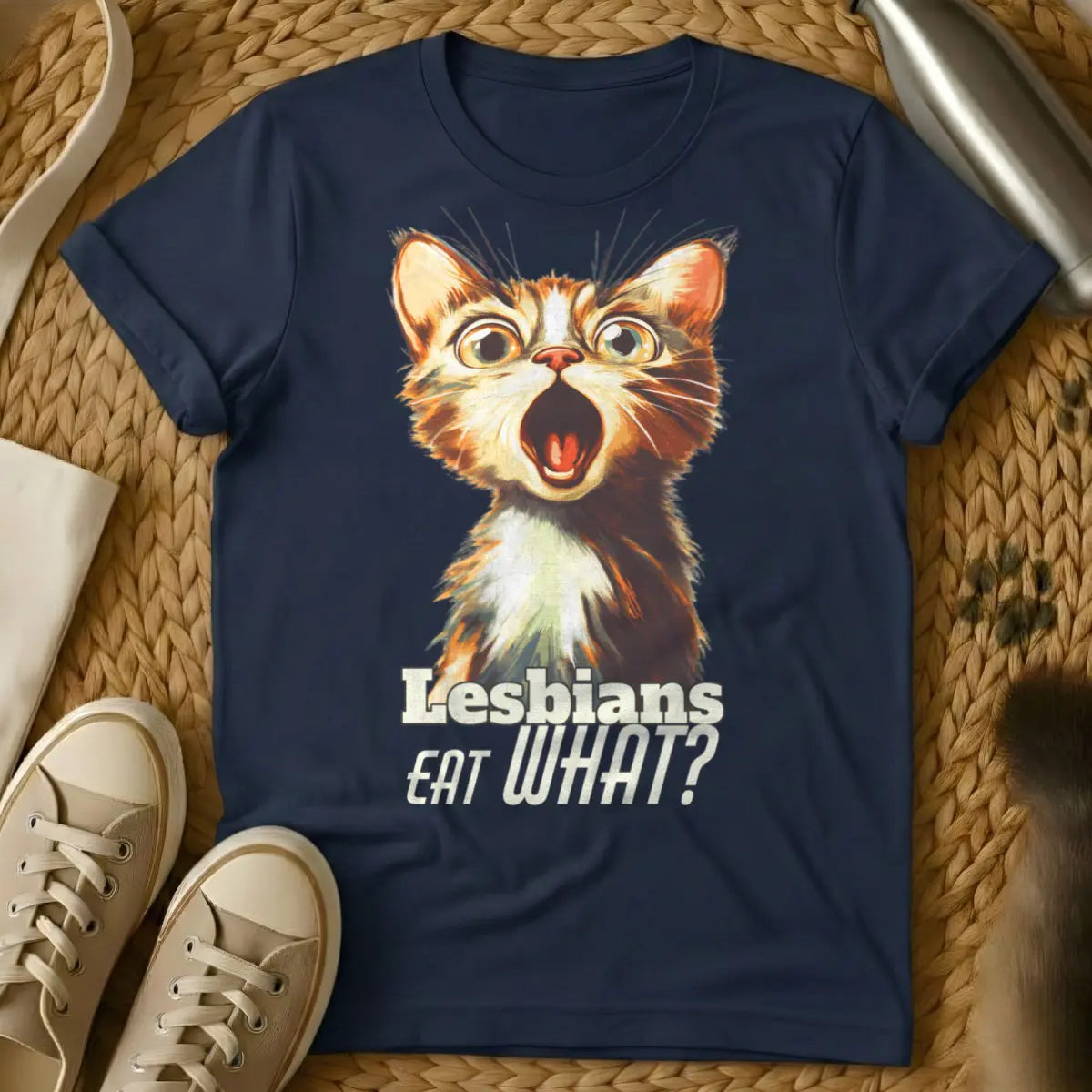Lesbians Eat What Cat Tee - Navy Cat T-Shirt