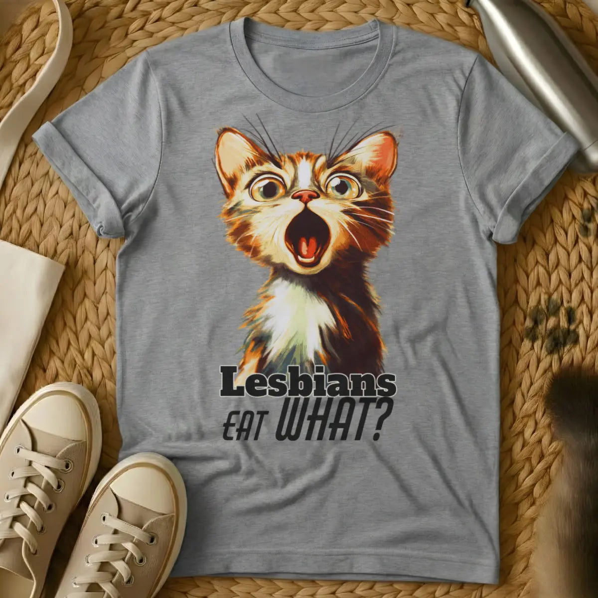 Lesbians Eat What Cat Tee - Gray Cat T-Shirt
