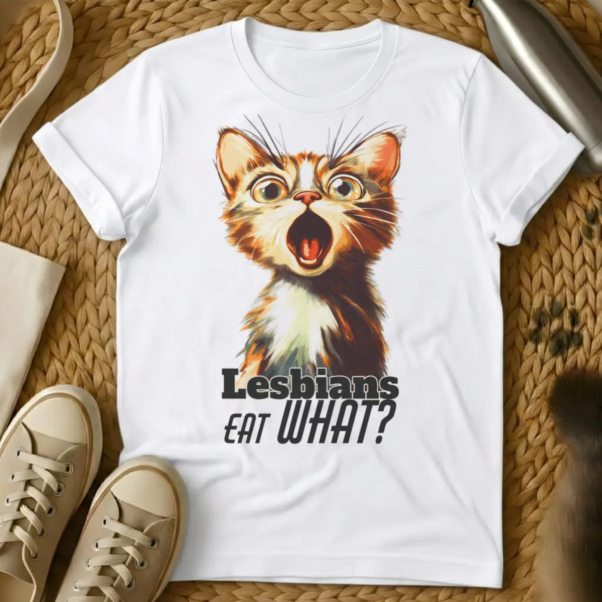Lesbians Eat What Cat Tee - White Cat T-Shirt