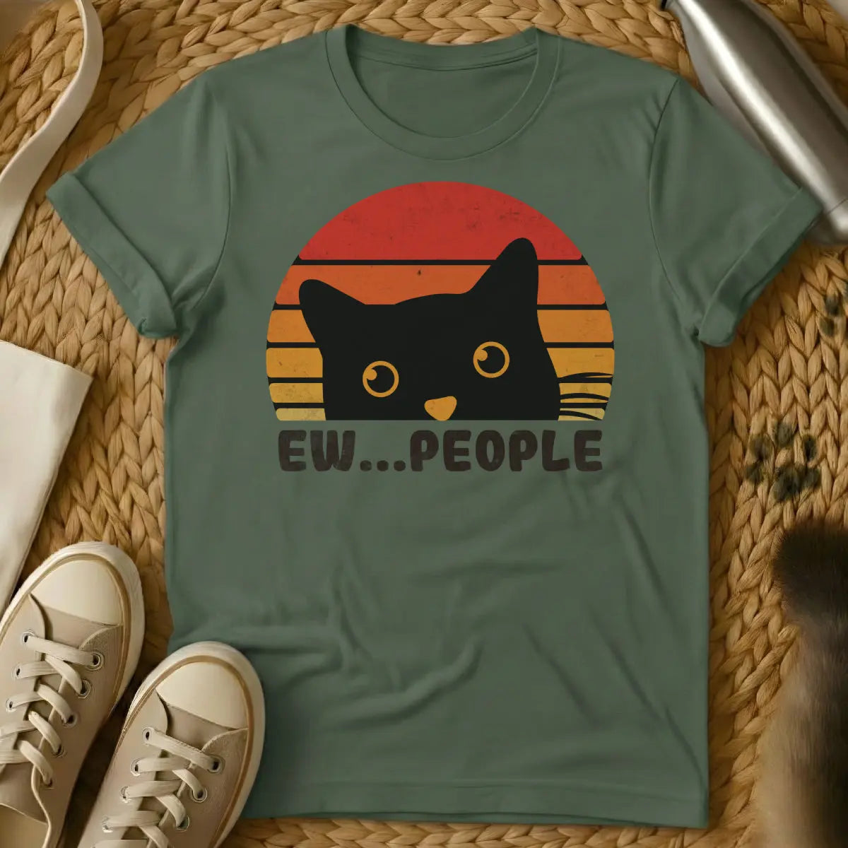 Ew People Cat Shirt - Military Green T-Shirt - anti-social club, grumpy cat aesthetic, introvert core