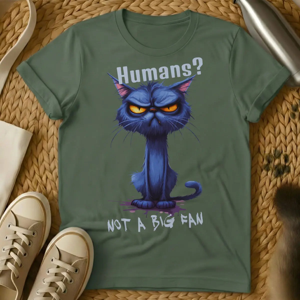 Not a Big Fan Cat Tee - Military Green Cat T-Shirt