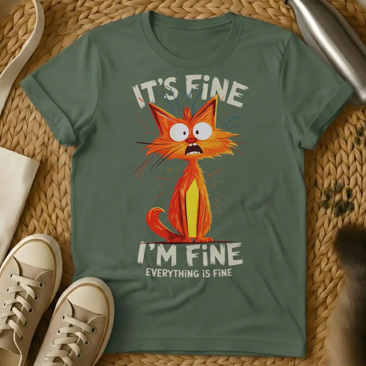 It's Fine Everything's Fine Cat Shirt - Military Green Cat T-Shirt