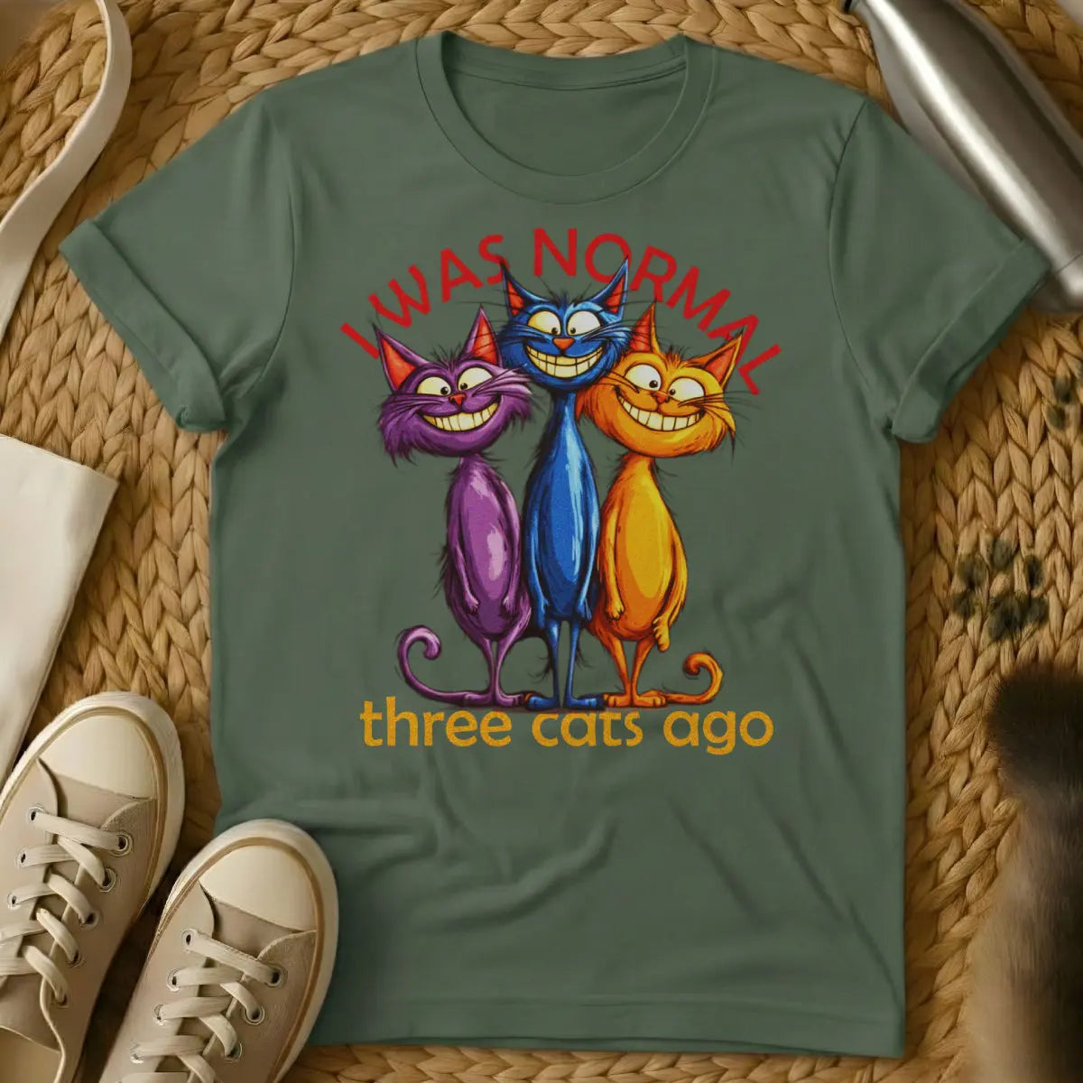 I Was Normal Three Cats Ago Cat Tee - Military Green Cat T-Shirt