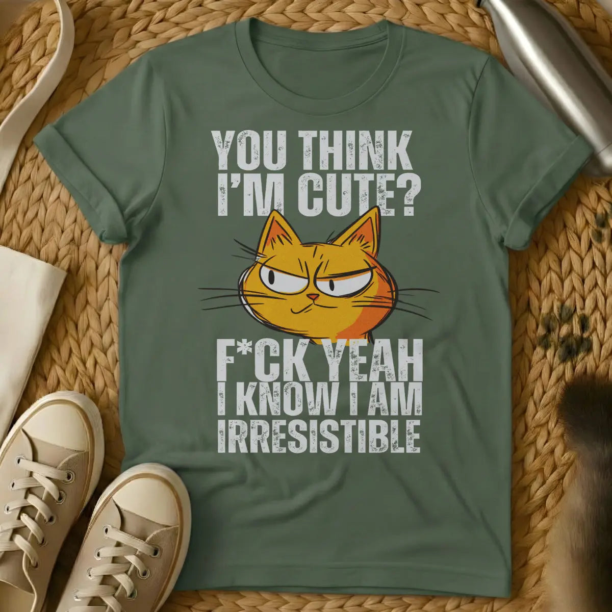 Funny Cat Shirt - Military Green T-Shirt - cat logic humor, crazy cat person humor, feline antics apparel