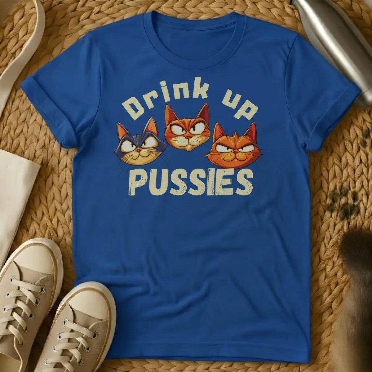 Drink Up Cat Shirt - Blue T-Shirt - cat & cocktails, cat mom wine lover, feline sommelier