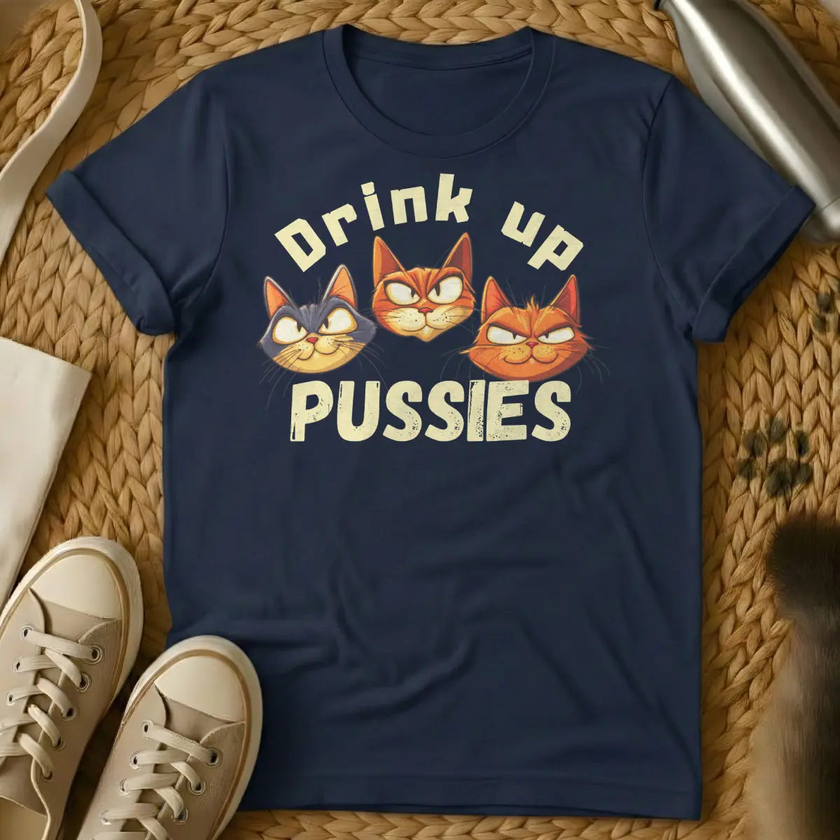 Drink Up Cat Shirt - Navy T-Shirt - cat & cocktails, cat mom wine lover, feline sommelier
