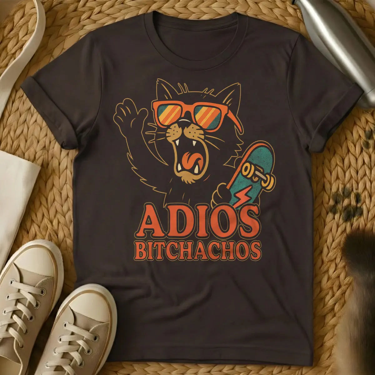 Adios Bitchachos Cat Shirt - Dark Chocolate T-Shirt - cat mic drop, dramatic cat farewell, feline diva exit