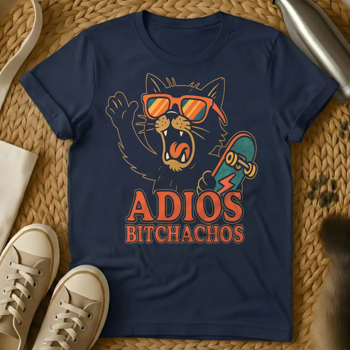 Adios Bitchachos Cat Shirt - Navy T-Shirt - cat mic drop, dramatic cat farewell, feline diva exit